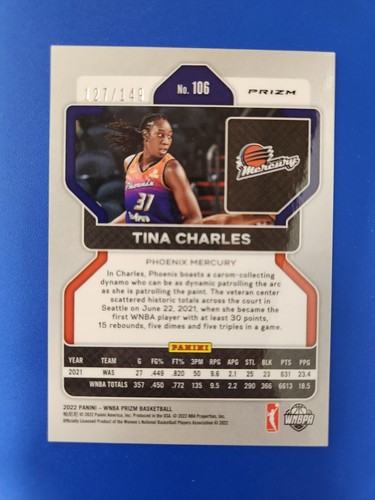2022 Panini Prizm WNBA TINA CHARLES BLUE PRIZM SP /149 - Picture 2 of 2
