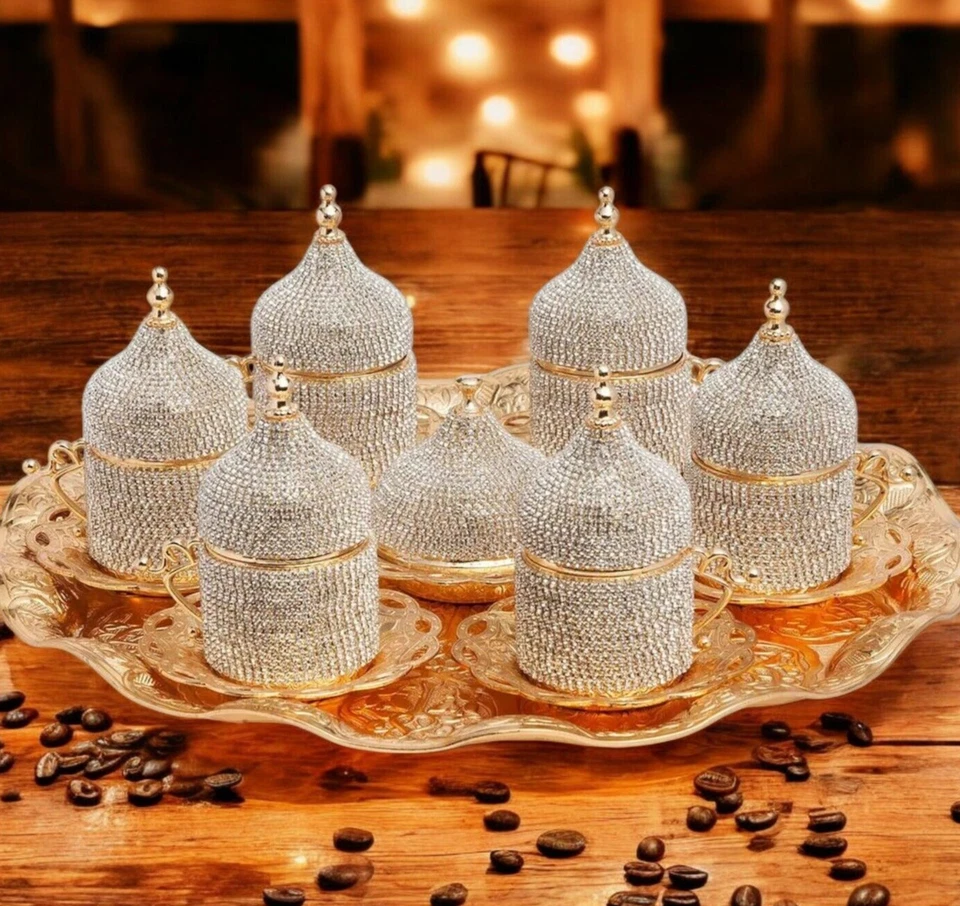 Juego de servir espresso recubierto de cristal de Swarovski, juego de café griego turco para seis Foto 3 de 4