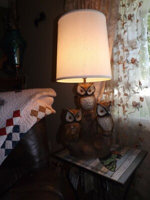 ⭐ Vintage Chalk Ware Plaster 3 Owls Table Lamp Mid Century Modern