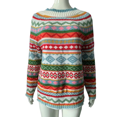 Maglione donna casual etnico grafica righe girocollo pullover maglia primavera - Foto 7 di 25