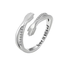 Give Me A Hug Hand Open Ring Sterling Silver CZ Lover Gift Box Adjustable XJ37