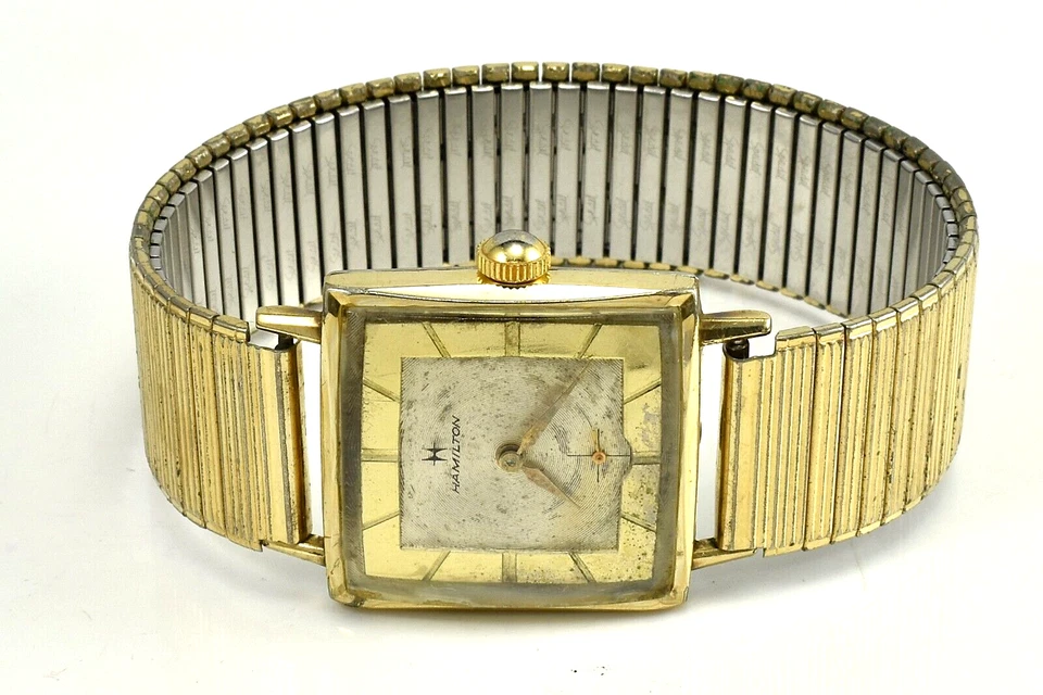 Reloj cuadrado vintage 1940 HAMILTON oro 10K RGF 17J reparado corona nueva mantener tiempo Foto 2 de 4