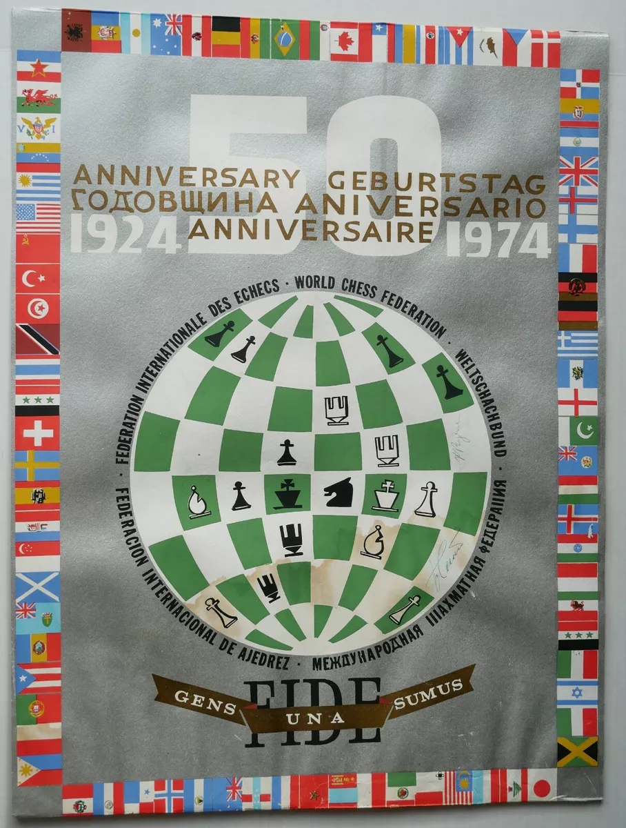 Unique 1974 Chess FIDE Poster signed by Boris Spassky and Robert Byrne in  PR.