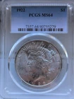 1922 Peace Dollar PCGS MS64 90% Silver Coin. Lustrous and Beautiful.