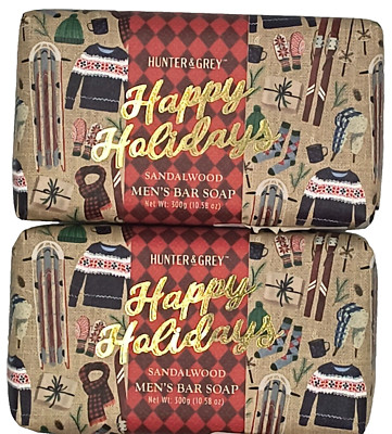 2 Bars Hunter & Grey Happy Holidays Men's Sandalwood Jumbo Bar Soap 10.58 Oz Ea