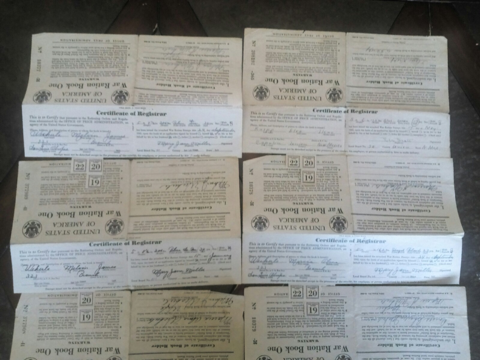 6 War Ration Books 1942, 5 WITH SOME STAMPS WWII & 