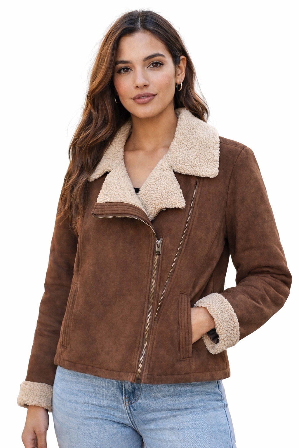 Liz Claiborne Womens Brown Faux Suede Sherpa Lined Moto Jacket Coat Zip Up, L