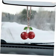 Bling Cherry Car Rear View Mirror Charm, Rhinestone Auto Rearview Mirror Red