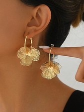 Gold Floral Hoop Earrings For Women One Size