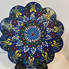 Hand Crafted Turkish Trivet Scalloped Edge Blue White Yellow Red Foam Backed Vtg