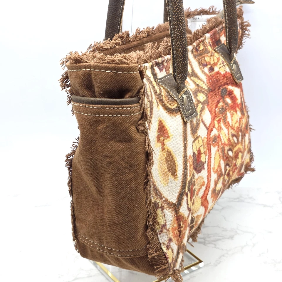 Bolso de Mano Myra Bolso de Mano Mujer Marrón Lona Cuero Borde Tapiz Boho Cremallera Top Foto 4 de 4