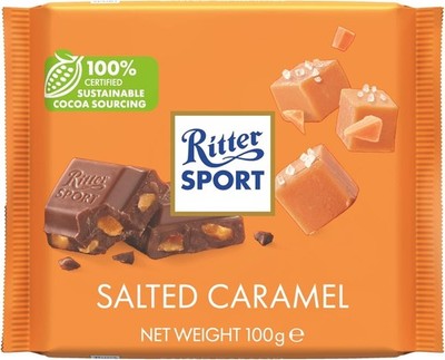 RITTER SPORT SALTED CARAMEL MILK CHOCOLATE BAR WITH CRUNCHY CARAMEL PIECES, 100g