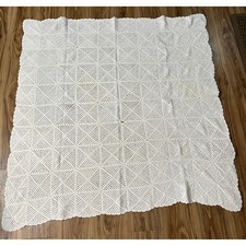VTG White Crochet Fillet Handmade White Afghan Blanket Throw Scalloped Edge
