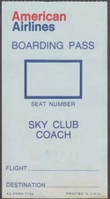 American Airlines Sky Club Coach Boarding Pass ca 1960s