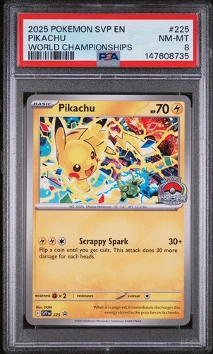 2025 POKEMON SVP EN-SV BLACK STAR PROMO WORLD CHAMPIONSHIPS #225 PIKACHU PSA 8