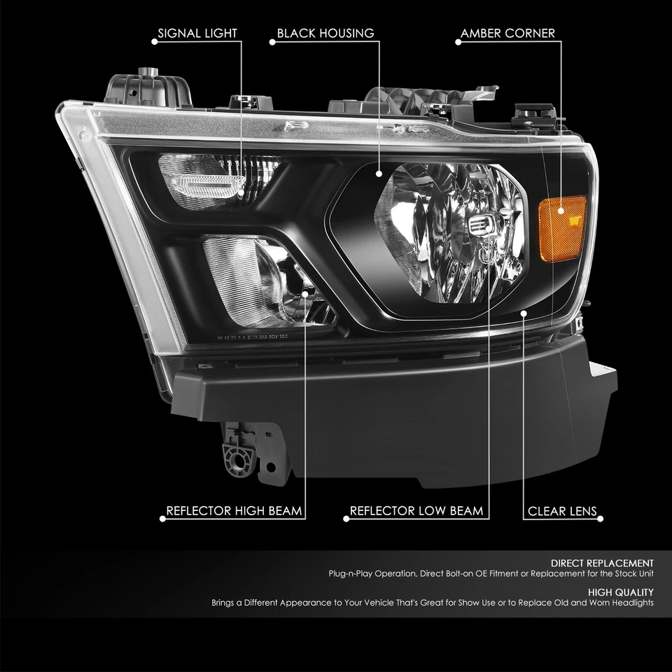 Fit 19-24 Ram 1500 Black Housing Amber Corner Headlights Assembly Factory Style - Image 2 of 4