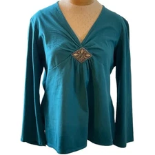 Nicki Nicole Miller Women's XXL Teal Blue Blouse Long Sleeve Center Jewel