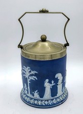 Antique Wedgewood Jasperware Blue & White Biscuit Barrel with Silver Plated Lid