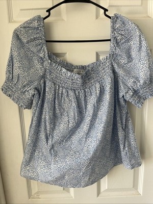 J Crew Womens Popover Top Sz Blue Floral Liberty Cotton Classic Beachy Smocked