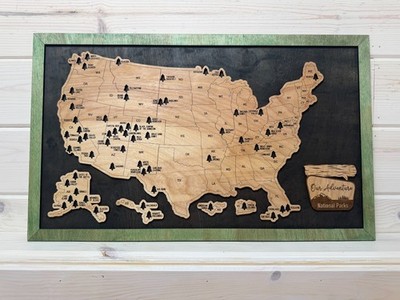 Large National Parks Travel Map - 23.5'' x 14'' - Black Background Green Border