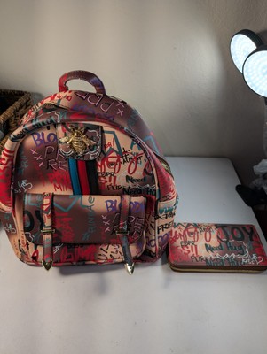 Alba Tan/Multi Color Graffiti Queen Bee Striped Convertable Backpack Handbag
