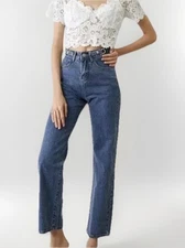 Designer High Waist Straight Leg Jeans Cropped Premium Blue S W29 L29 Brand New