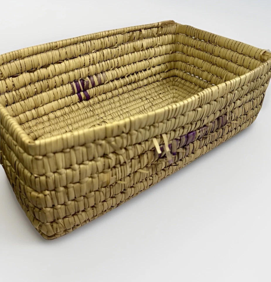 Large Vintage Handmade Straw Woven Rectangular Basket With Purple RARE - Image 2 of 4
