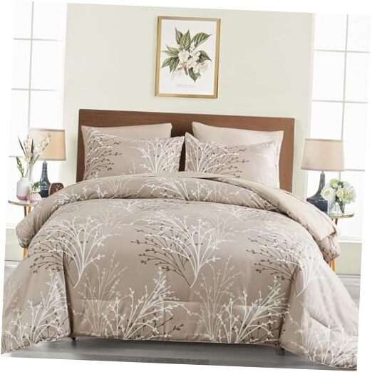 Comforter Set Size, Branch Botanical Bed in a Beg 7 Pieces Cream Queen Beige