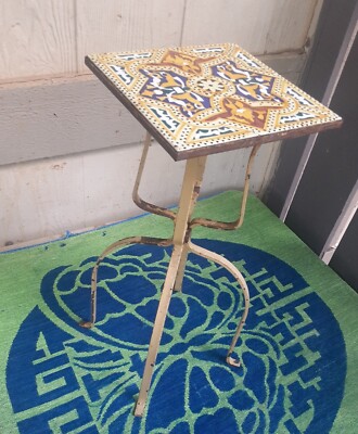 VINTAGE SPANISH REVIVAL 18''T HAND WROUGHT IRON STAND 8''x8''PAINTED TILE TOP TABLE