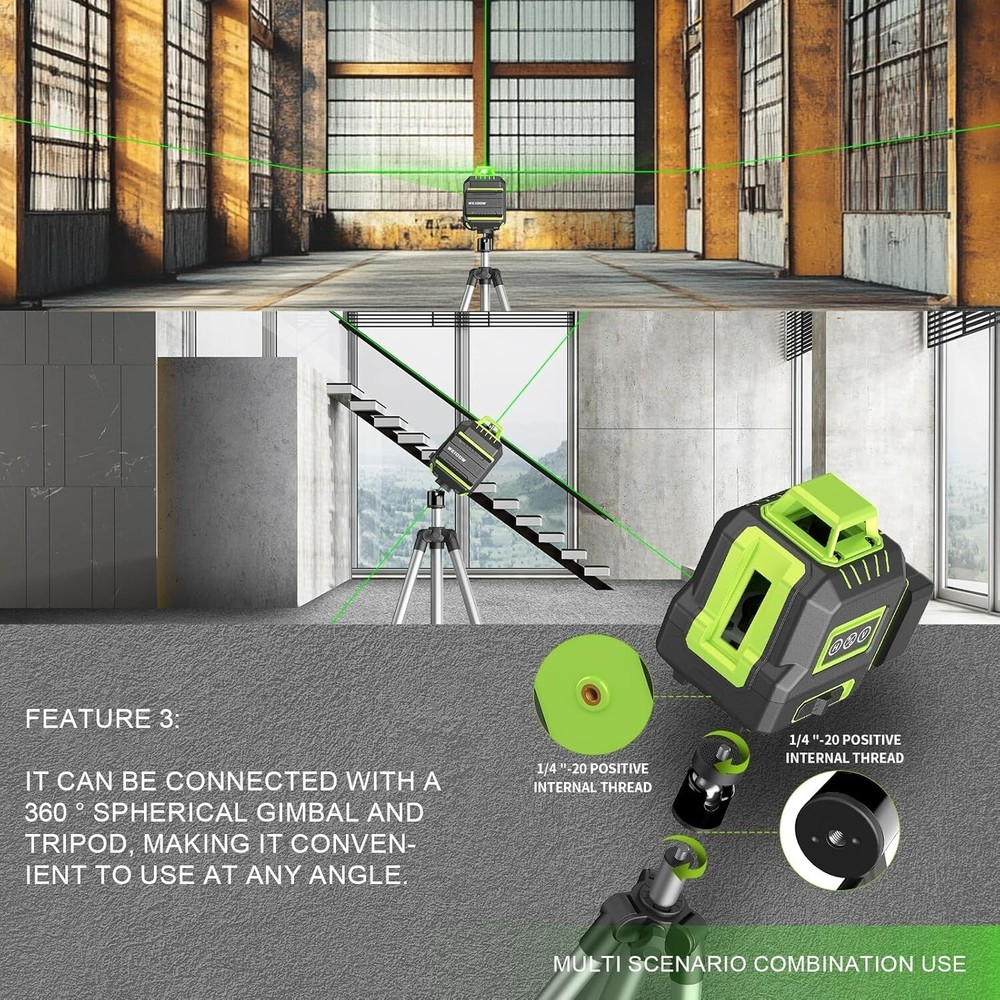Laser Level with Tripod,360° Self Leveling,2400 mah battery*2,lasts for 10 hrs