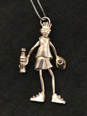 Artisan Sterling Silver Articulated Drinking Man Pendant 18'' Necklace Fido Dido