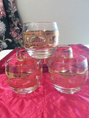  Culver Roly Poly Glasses Barware  22 Kt. Gold Daisies Set of 5 Vintage Floral