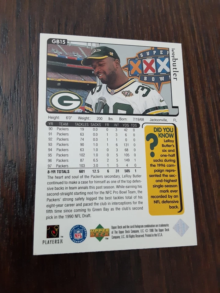 1998 Upper Deck #GB15 Leroy Butler 1997-98 Season - Image 2 of 2