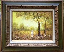 Vntg Original Oil Impressionist Landscape Of A Child With Balloons In The Field