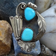 Vintage Native American Turquoise Shadowbox Ring Size 8 1/2 Stamp Decorated 925