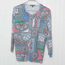 Cable  Gauge Floral Crew Neck 3/4 Sleeve Button Rayon Nylon Cardigan XL