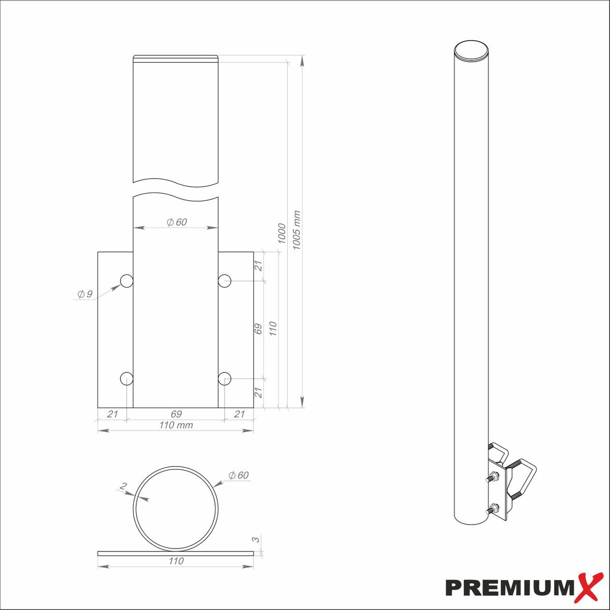 Geländerhalter Mast 80 Cm Mit 2 Schellen – Für Balkon & Geländer, Ø 48 Mm