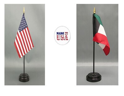 Made in the USA--1 American & 1 Country Rayon 4''x6'' Office Desk Flag & 2 Stands