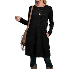 Women Jumper Dress Tunic Dress Long Sleeve Dress Side Buttons Dress with Pockets