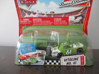 DISNEY PIXEAR CARS PIT RACE OFF VITOLINE #61 LAUNCHER WORLD WIDE