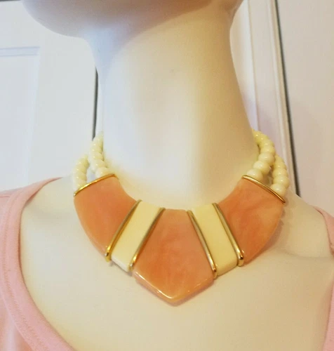 Peach Choker Necklace Inlays w Gold Trim & Faux Pearls w/ Clip on Earrings Set