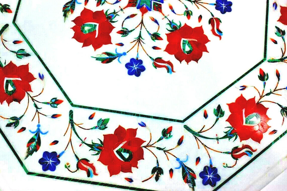 12" Marble Side table top semi precious stone handmade work With Wooden Stand - Image 3 of 4