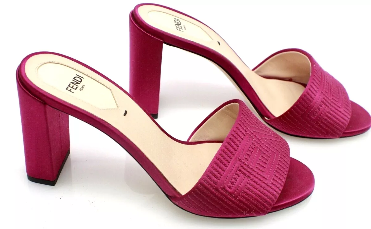 Fendi Pink Satin Logo Embroidered Block Heel Slide Sandals Size 37