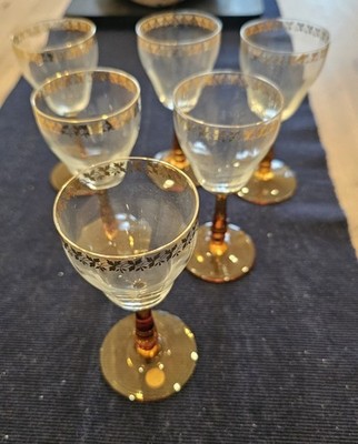 Art Deco Bernstein Stiel Gilde Blatt Band Sherry/Cordial Glas * 6