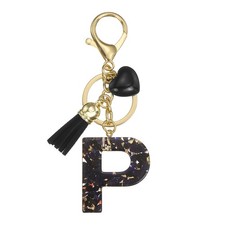 Alphabet Initial Letter Keychain Cute Charm with Tassel Heart Letter P Black