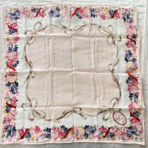 Mouchoir foulard vintage Christian Dior blanc motif floral
