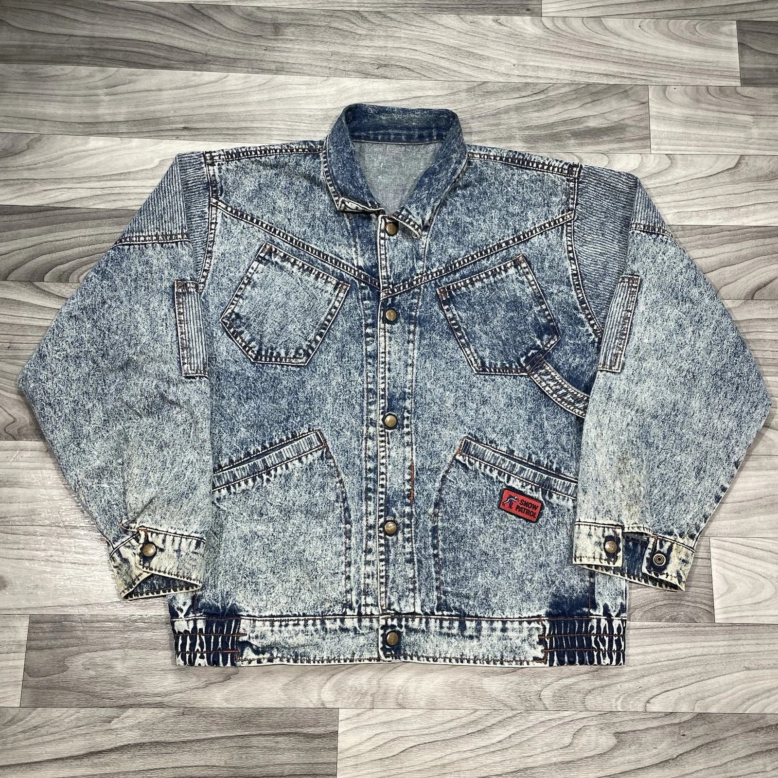 Vintage Acid Wash Denim Jacket Adult L Button Snap Multi Pocket Jacket 80s
