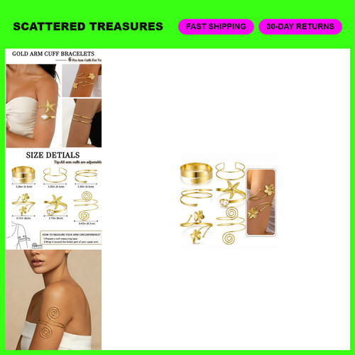 6PCS Gold Arm Cuff Bracelets Set for Women, Boho Adjustable Upper Arm Bangles, S