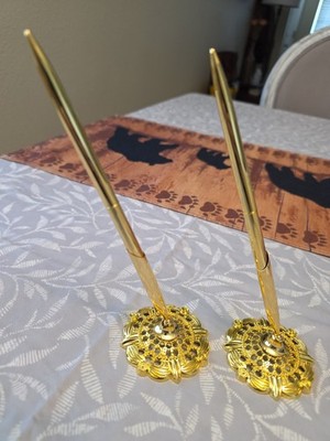 2 Pcs Gold Pen Holder Set with Desk Ballpoint Pens Black Ink Nice Condition!!
