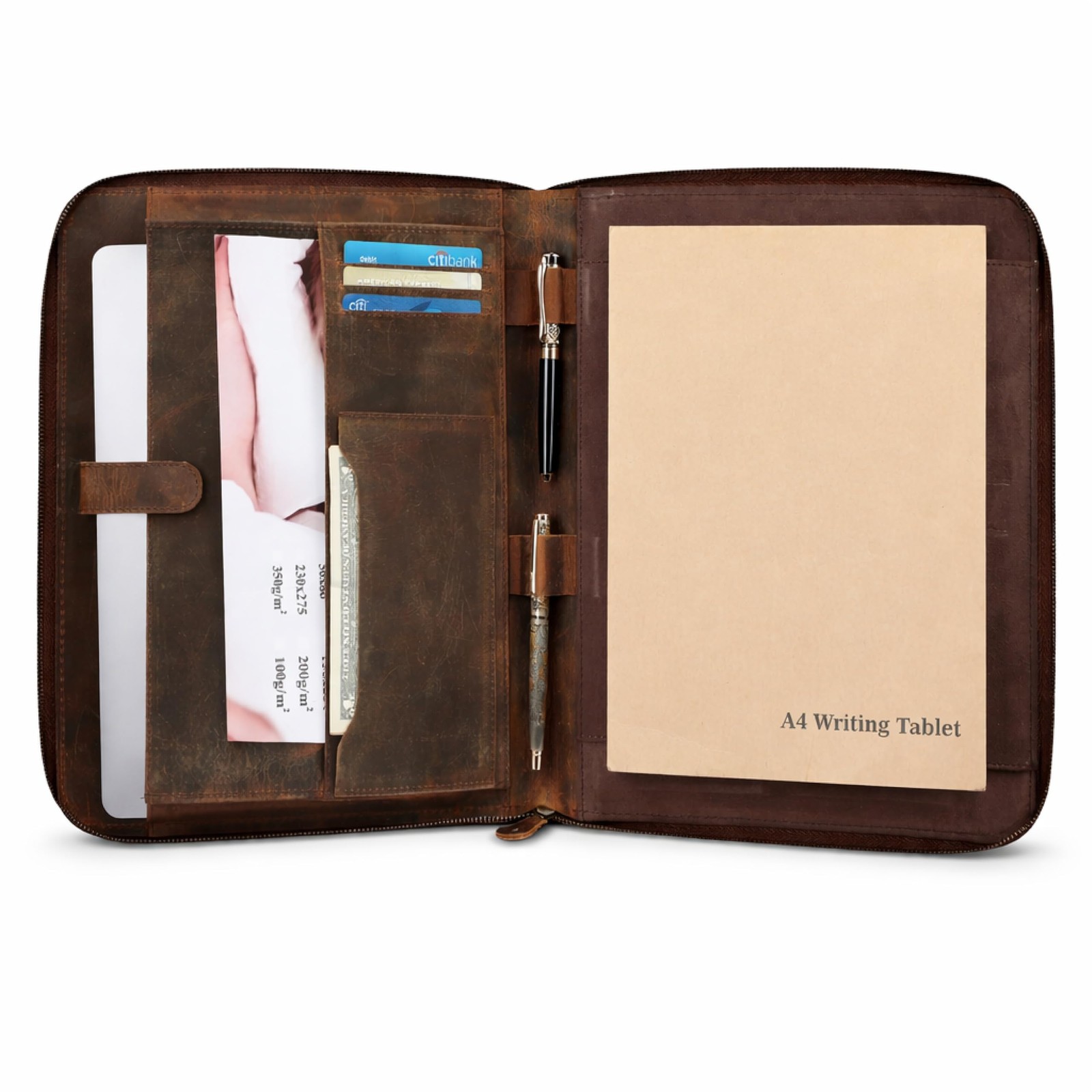 Genuine Leather Padfolio Zipper Portfolio with 13 Inch Lapto